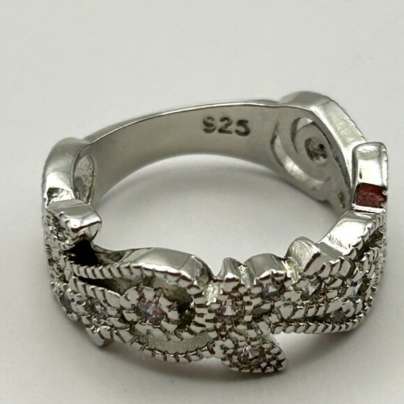 Sterling Silver 925 Wide Band Filigree Ring Clear CZ Accents Size 7 - Picture 3 of 10